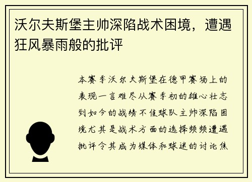 沃尔夫斯堡主帅深陷战术困境，遭遇狂风暴雨般的批评