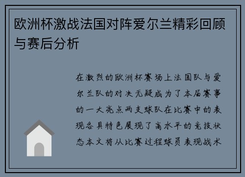欧洲杯激战法国对阵爱尔兰精彩回顾与赛后分析